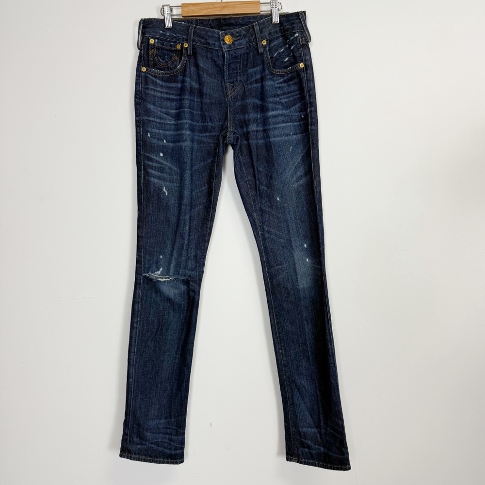 True Religion Jeans Womens Size 26 Dark Wash Distressed Button Fly Cotton